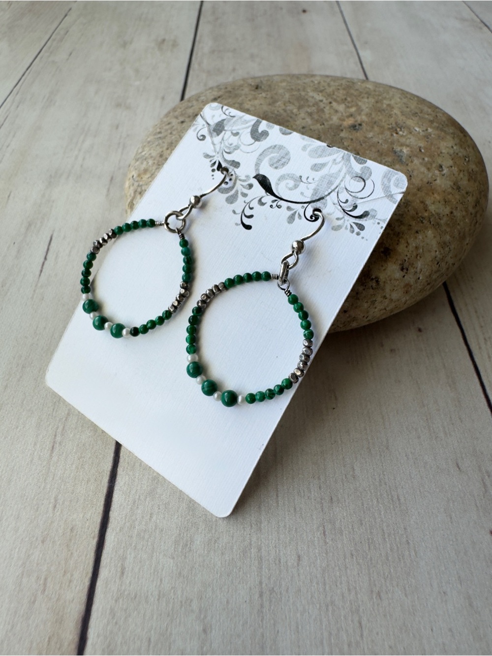 Hand Crafted Malachite Hoop Earrings with Silver and Pearl Accents